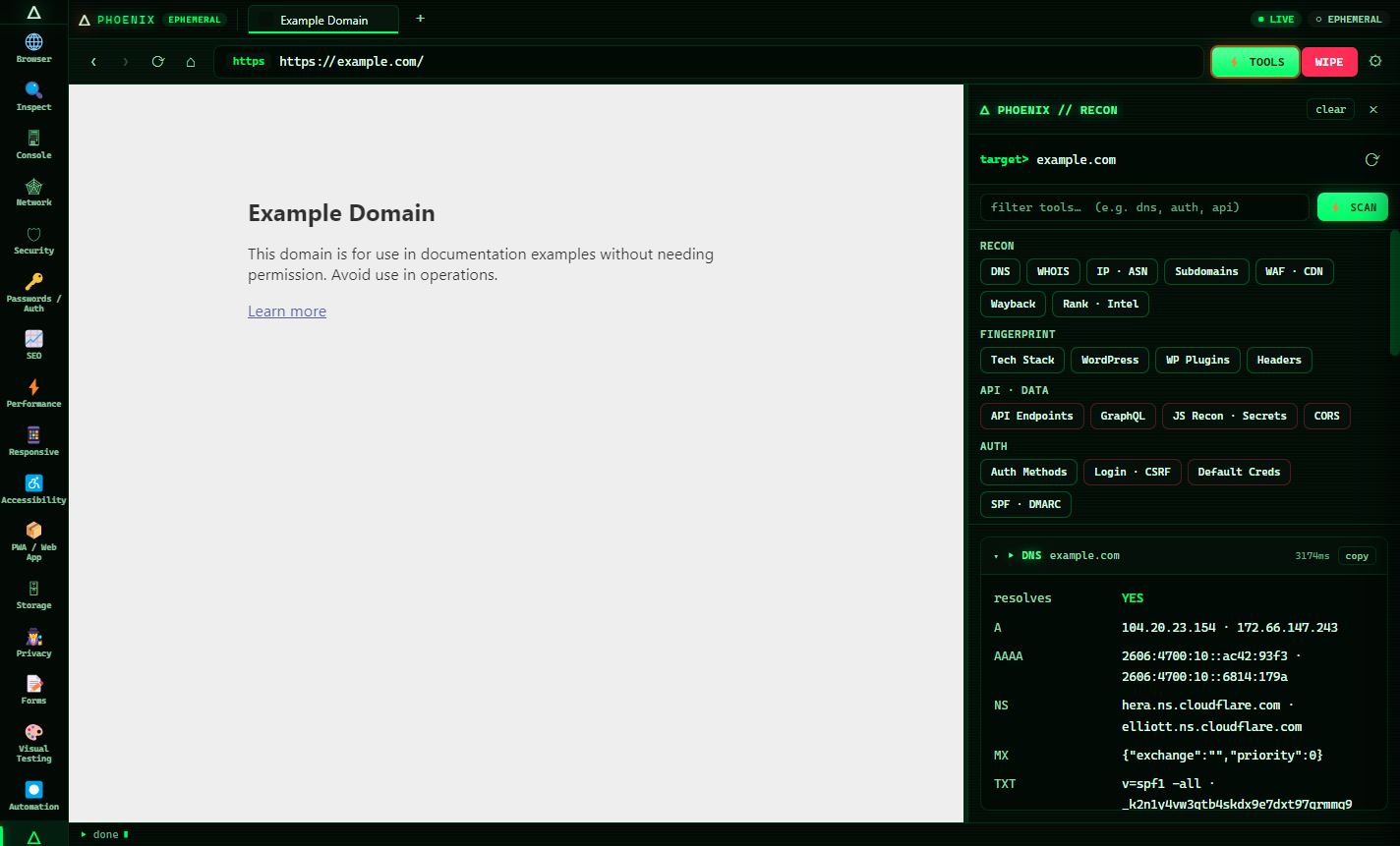 Phoenix Browser Hacking Lab running a live DNS lookup