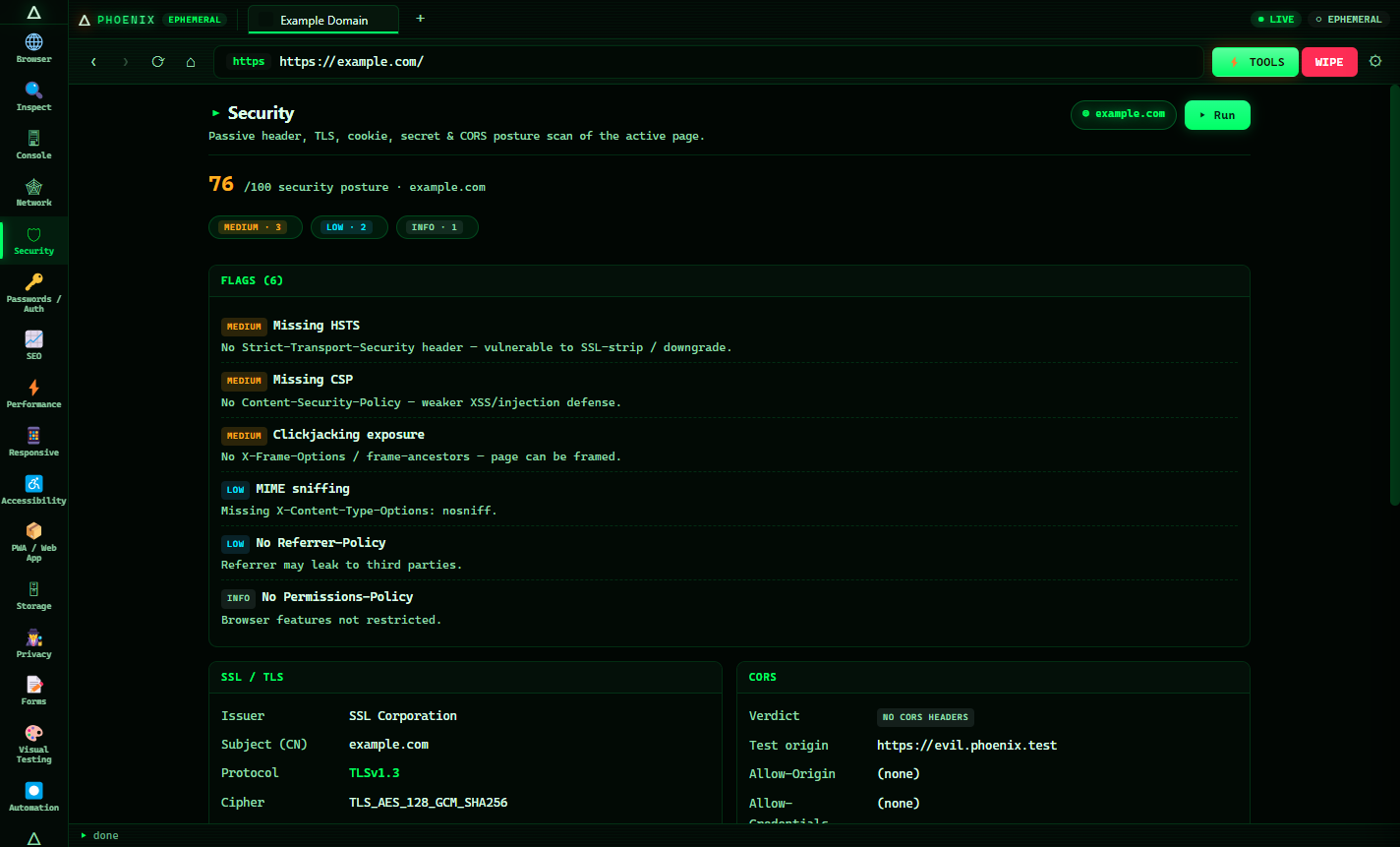 Phoenix Browser passive security scan with posture score